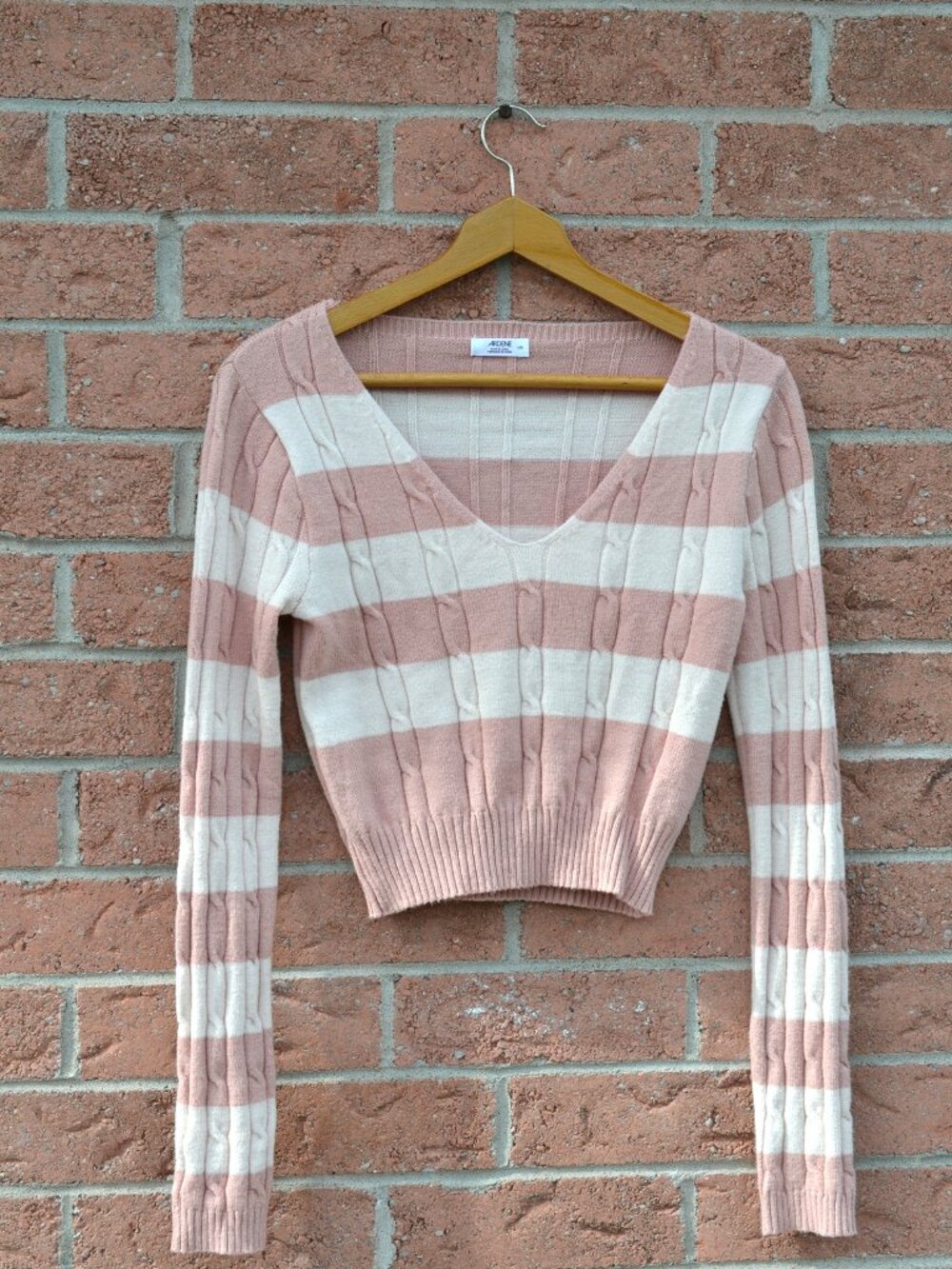 Ardene Soft Pink & Cream Balletcore Striped Cropped Sweater